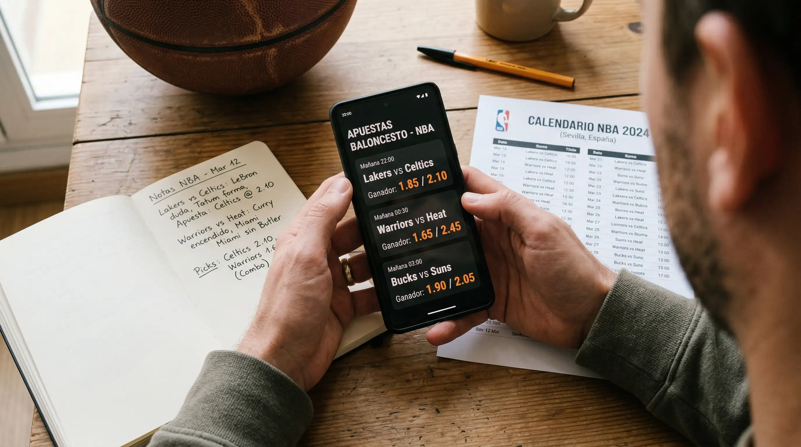 Mercados de apuestas en un partido de la NBA con opciones de moneyline, spread y totales